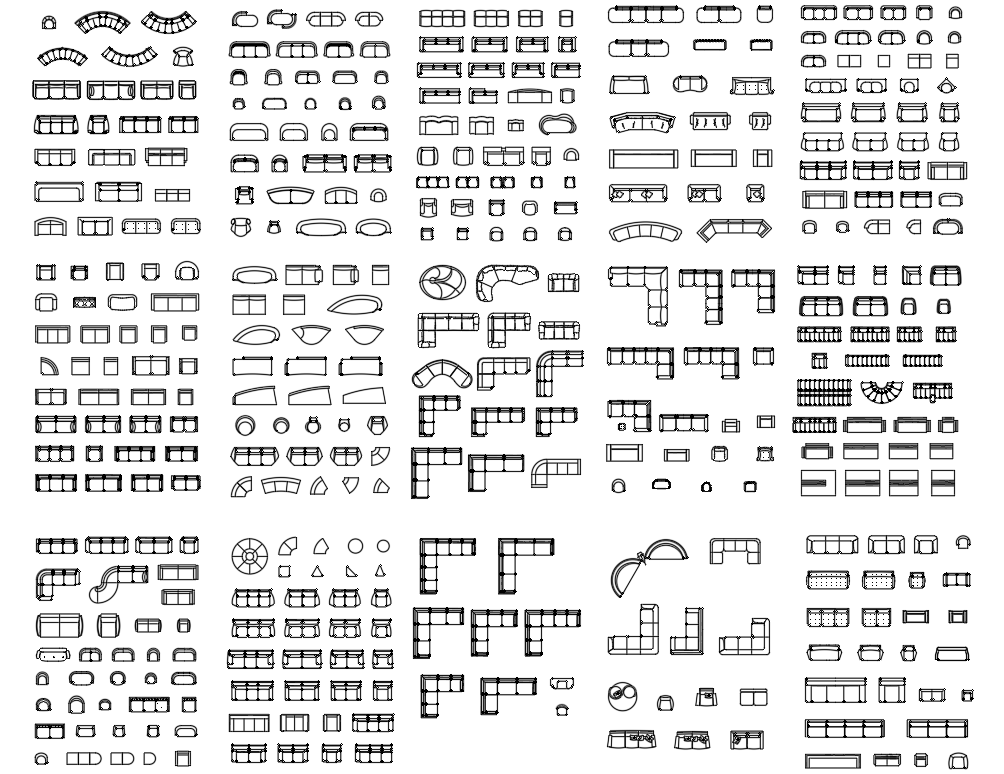 Cushioned furniture (Top view) - AutoCAD blocks